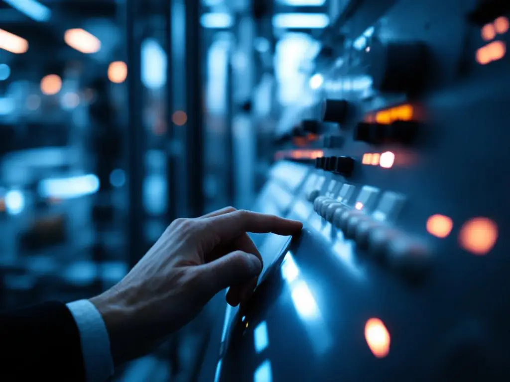Hand adjusting dial on industrial control panel with LED indicators in modern factory setting