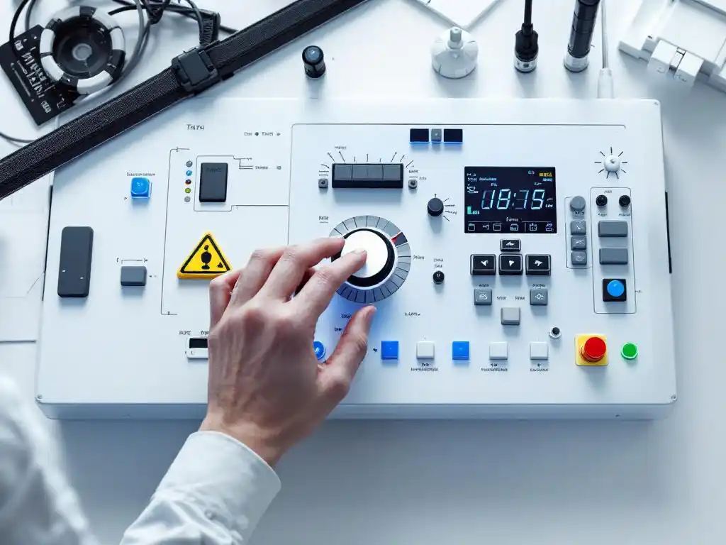 Hand adjusting dial on modern industrial control panel with digital displays in minimalist workspace