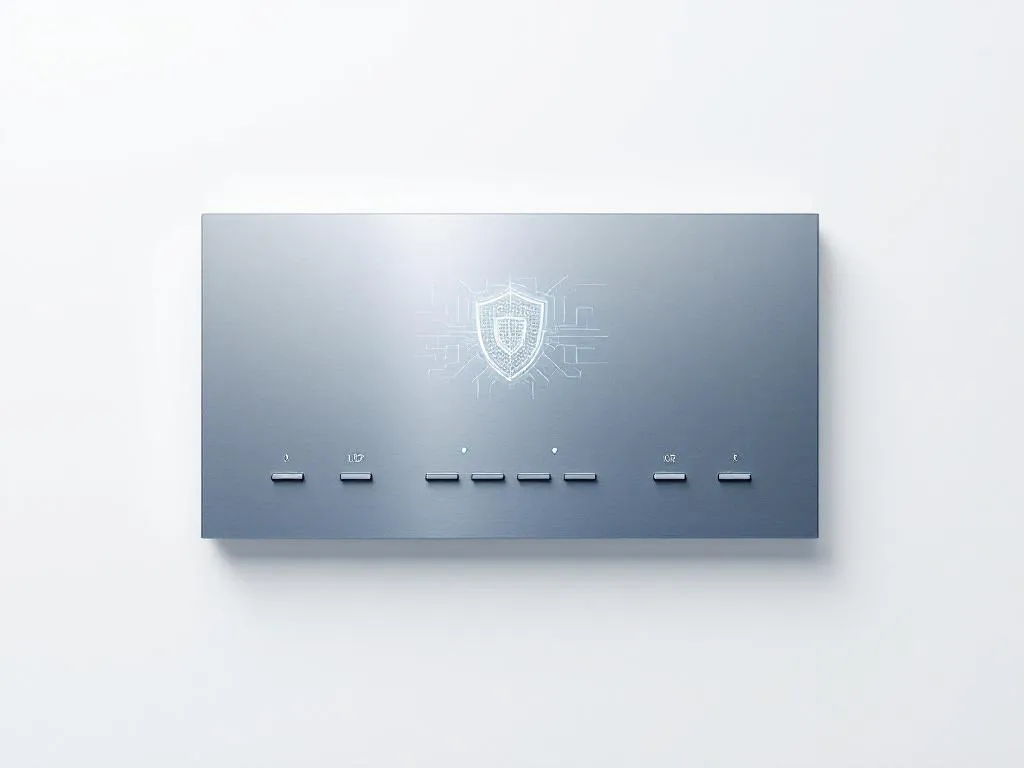 Industrial control panel with geometric buttons, LED indicators, and digital shield pattern on metallic surface against white background.