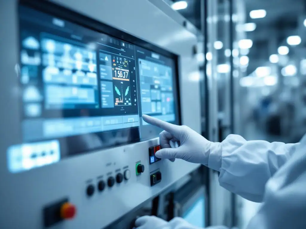 Technician in gloves performing precision maintenance on industrial control panel with digital displays in clean factory