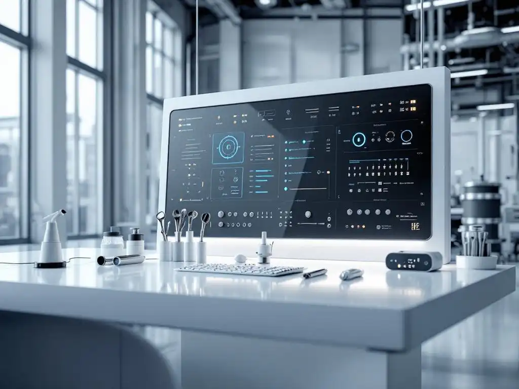 Modern industrial control panel with blue LED indicators in mining facility control room with organized maintenance tools