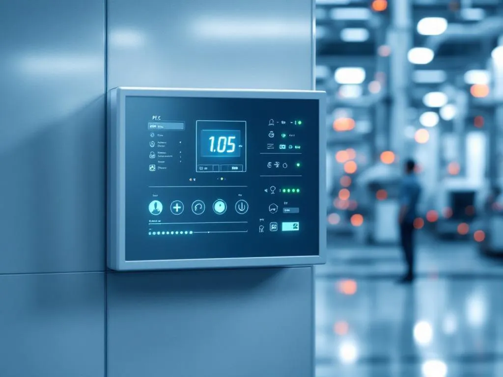 Industrial control panel with glowing green status lights and PLC unit in modern oil refinery facility