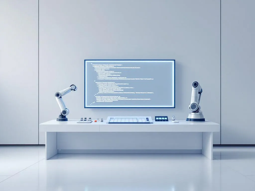 Industrial control panel with geometric buttons, robotic arm, and programming code on monitor in modern factory setting.