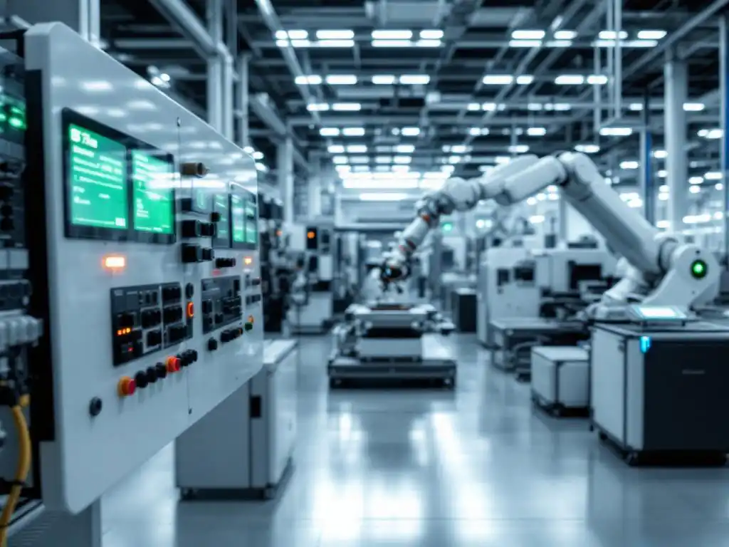 Industrial control panel with green status displays and robotic arm performing assembly work in modern factory setting.