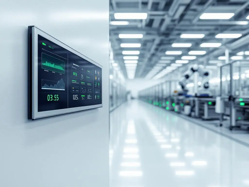 Industrial control panel with green digital displays and robotic arm on automated assembly line in modern factory