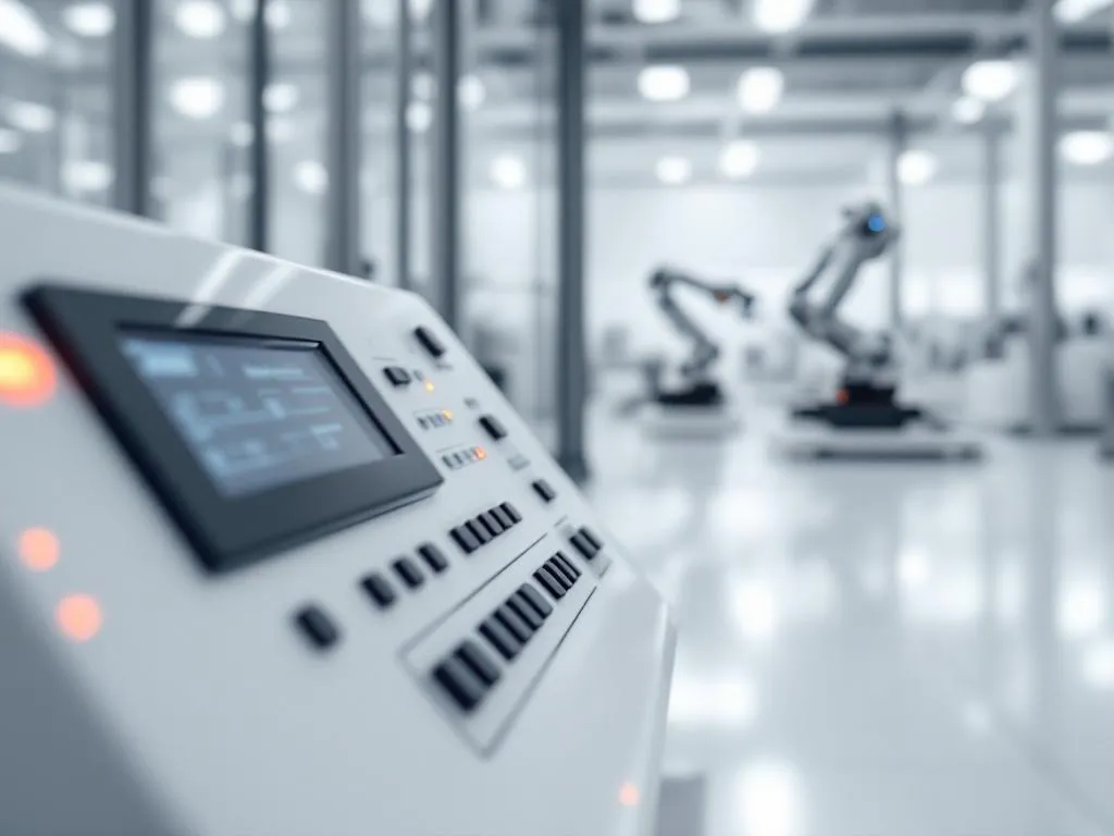 Industrial control panel with geometric buttons and LED indicators, robotic arm in background on white factory floor.