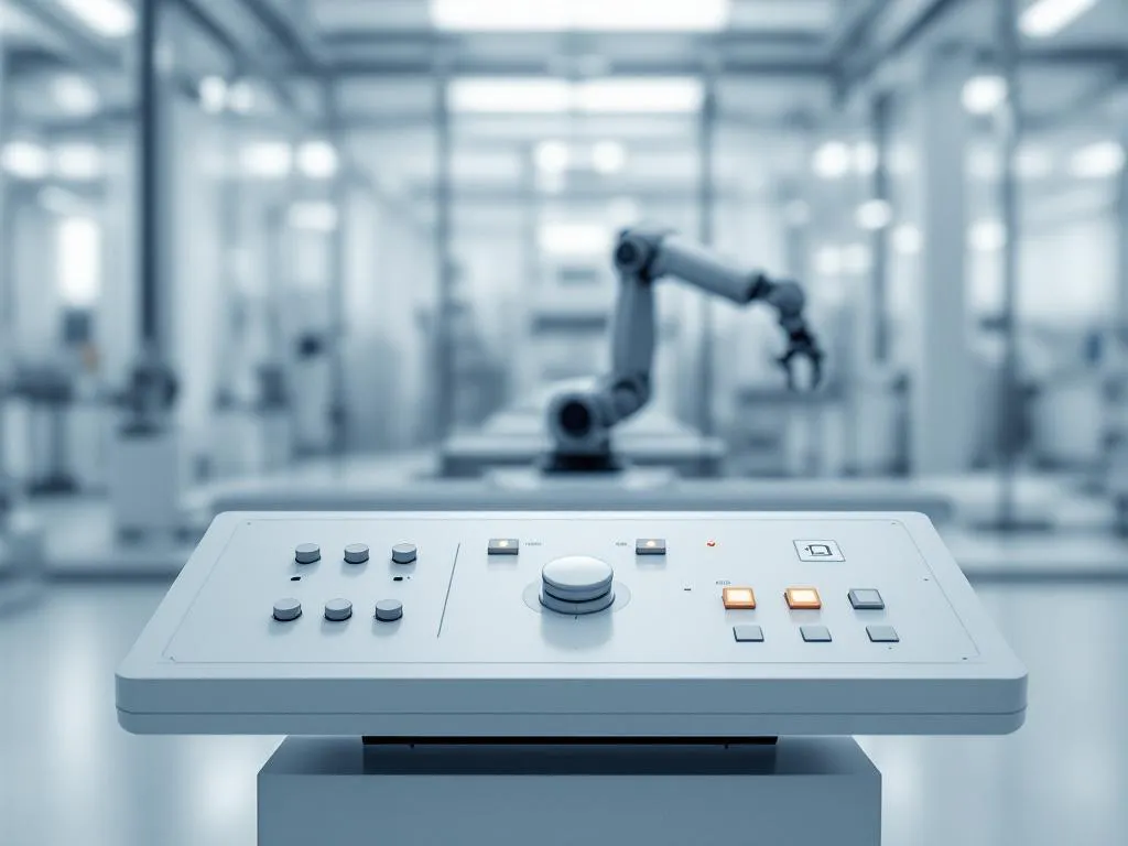 Industrial control panel with geometric buttons and LED indicators, robotic arm paused in sterile white factory setting.