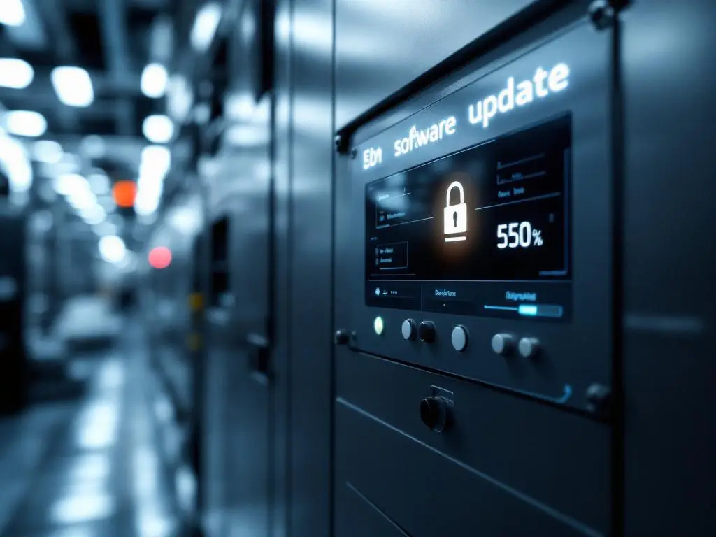 Industrial control panel with glowing blue software update indicator in modern manufacturing facility
