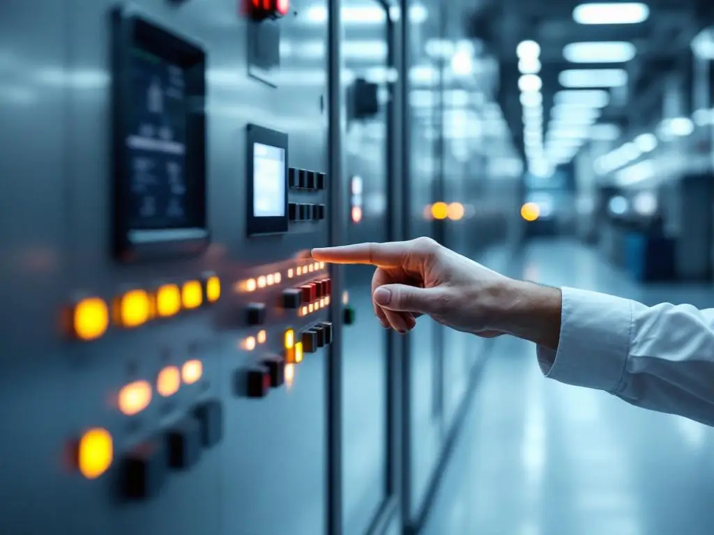 Technician adjusting dial on modern industrial control panel with geometric buttons and LED indicators in factory setting