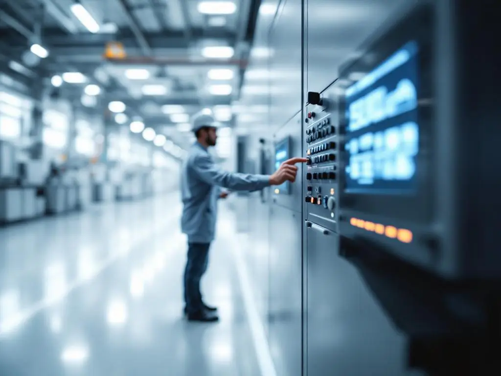 Technician adjusting digital controls on industrial panel with blue LED indicators in modern factory setting