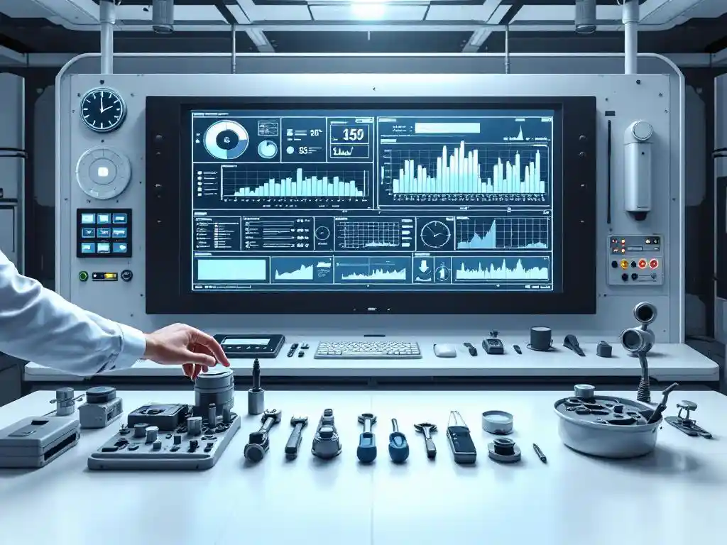 Technician reaching for maintenance tools near industrial control panel with diagnostic screens in clean workspace