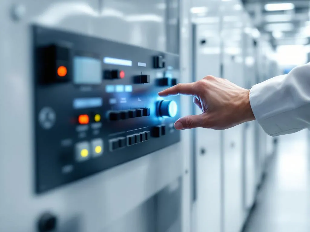 Technician adjusting dial on industrial control panel in modern manufacturing facility with white equipment