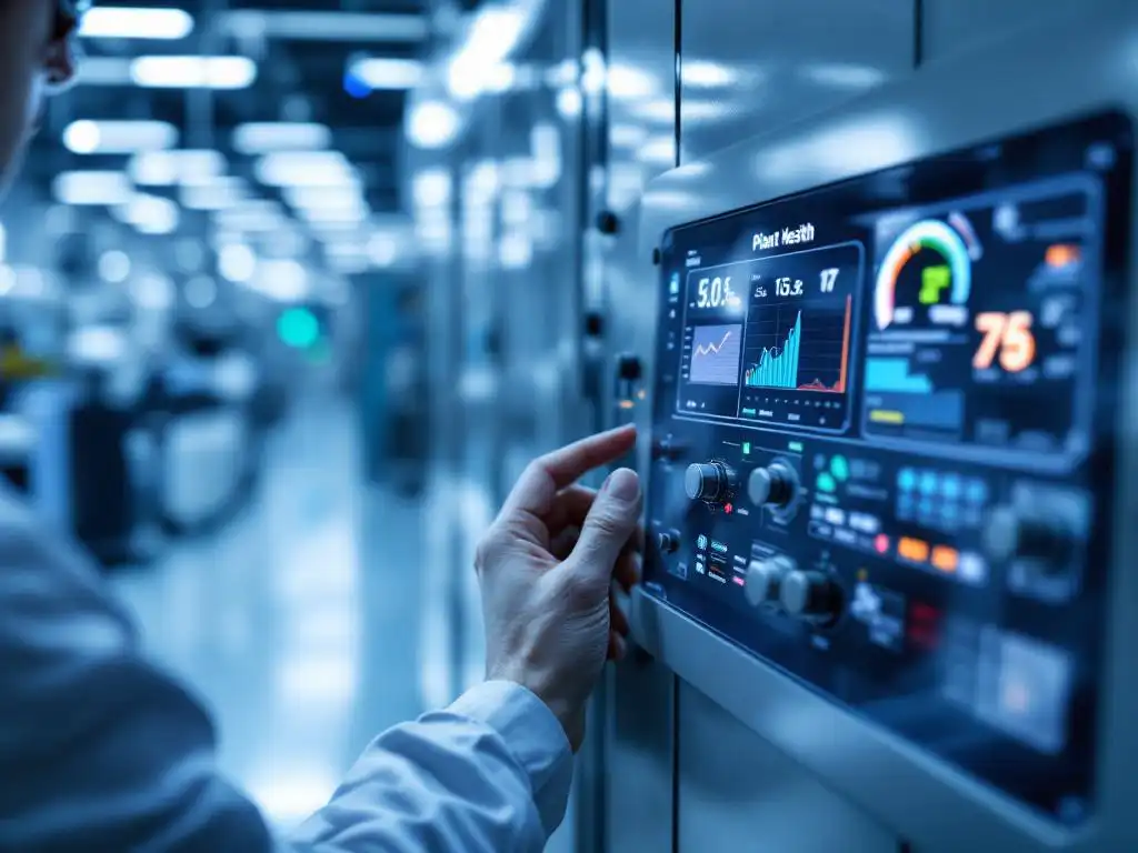 Industrial control panel with digital displays showing plant health metrics, technician adjusting dials in modern factory.