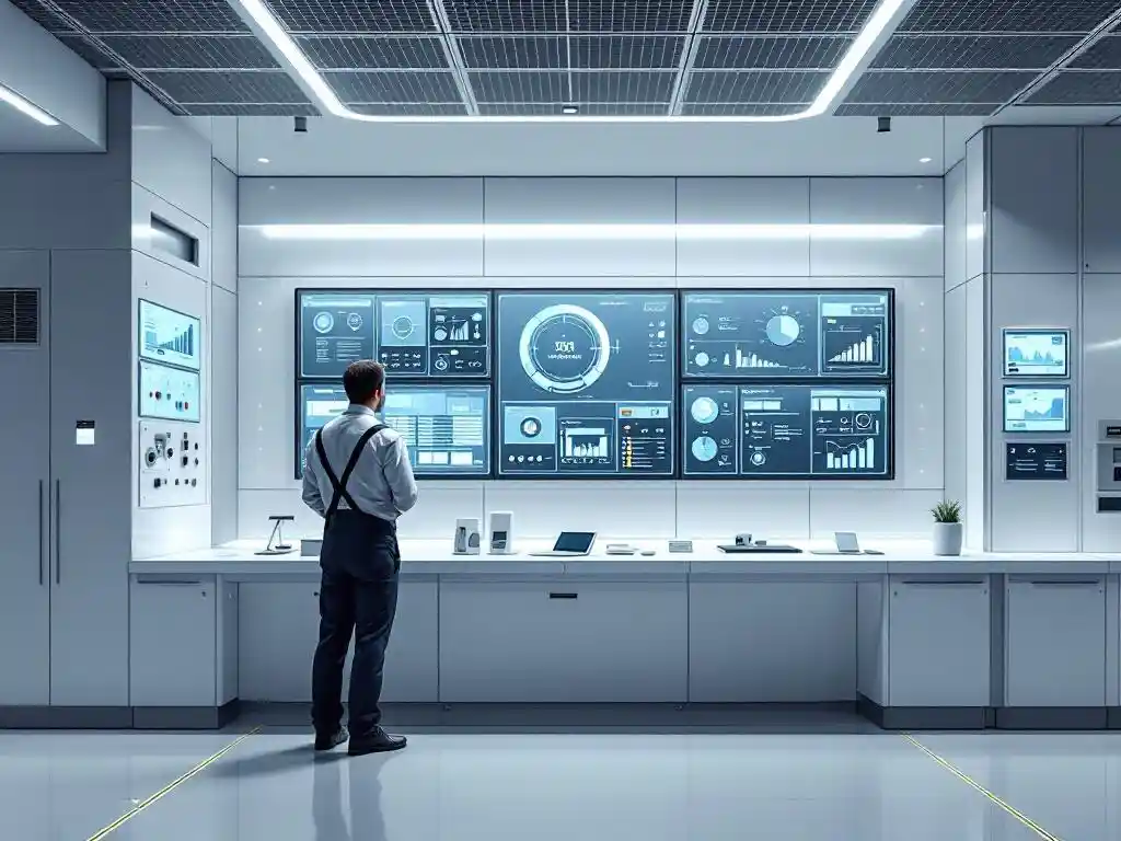 Engineer in professional attire monitoring digital displays at modern industrial control room workstation with blue lighting