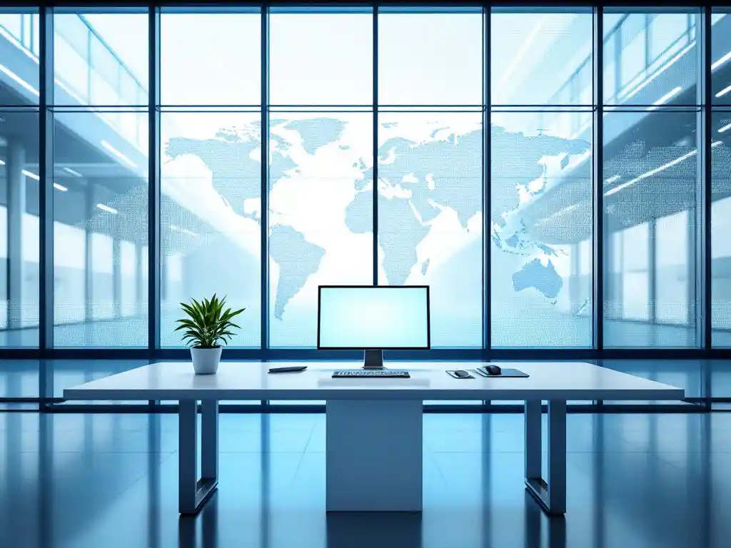 Modern industrial control room with digital monitoring station, potted plant on white desk, and world map glass panels
