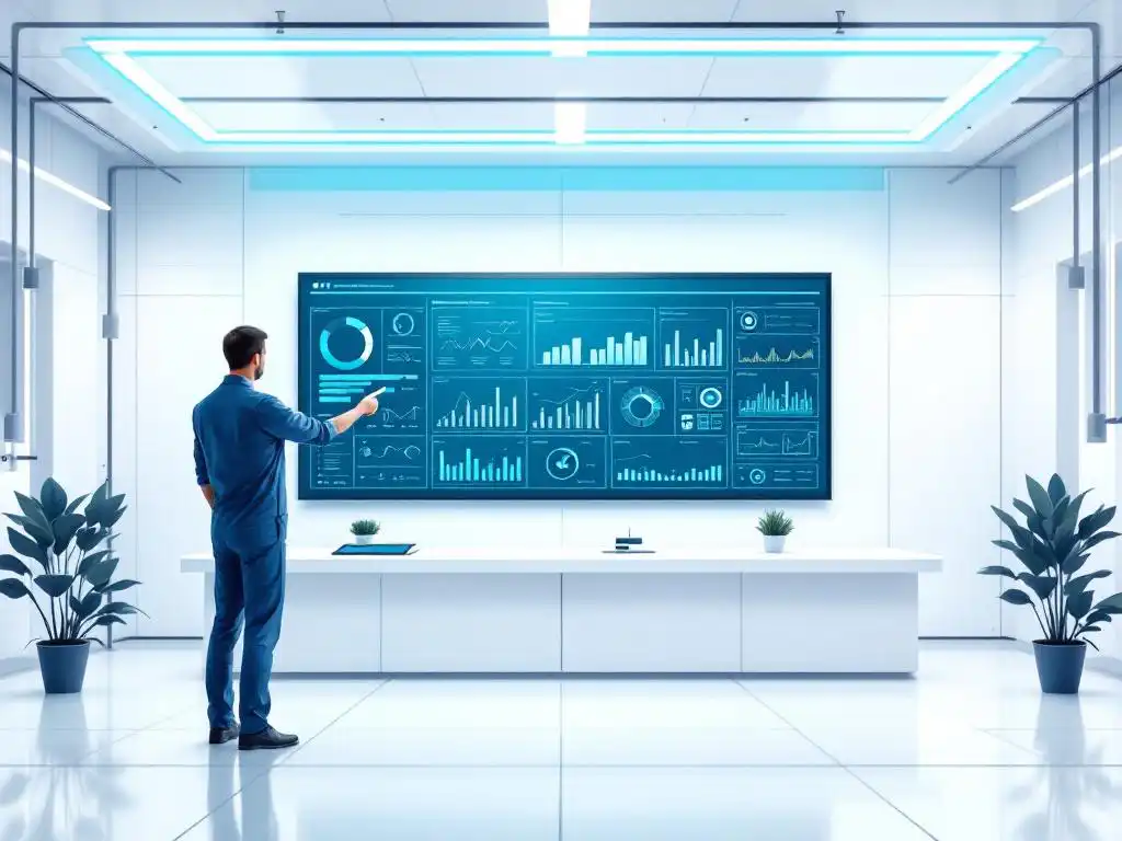 Technician pointing to predictive maintenance charts on digital dashboard in modern industrial control room