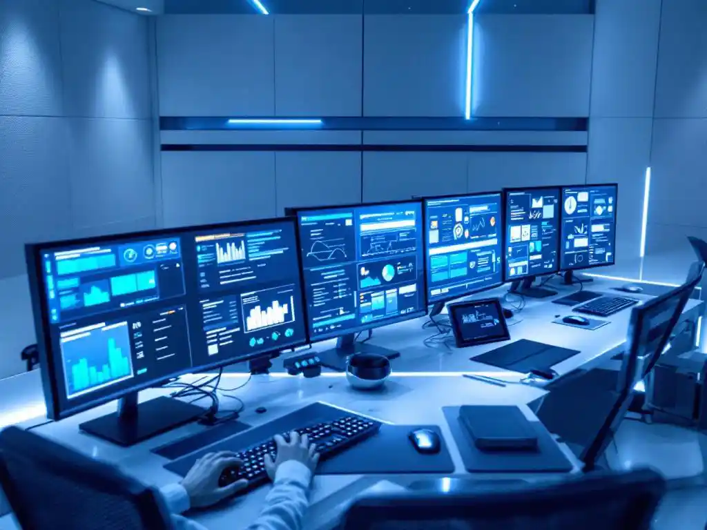 Technician typing on keyboard in modern industrial control room with glowing monitors displaying system diagnostics