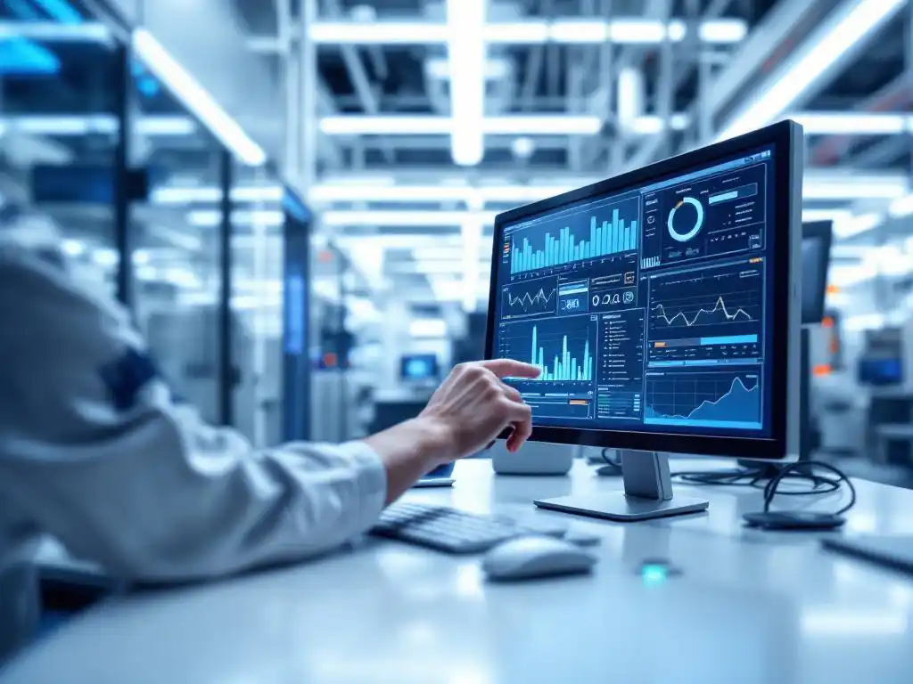 Technician's hand reaching toward update button on computer monitor in modern industrial control room with blue accent lighting.