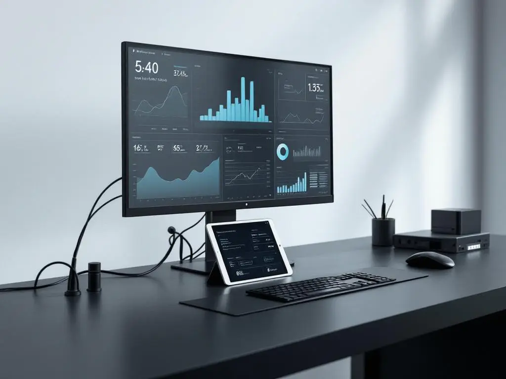 Modern industrial control room workstation with monitoring display showing data graphs and white tablet with system diagnostics
