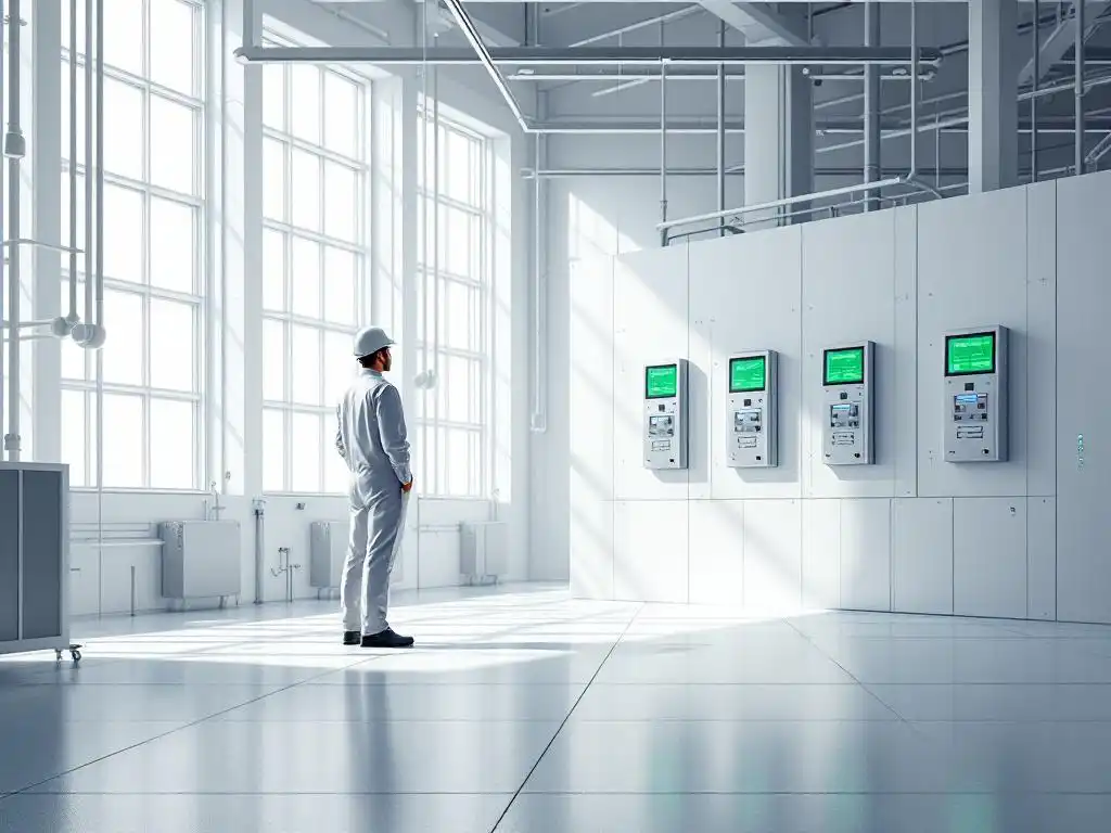 Technician examining digital monitoring equipment in modern industrial facility with clean white walls and green status indicators.