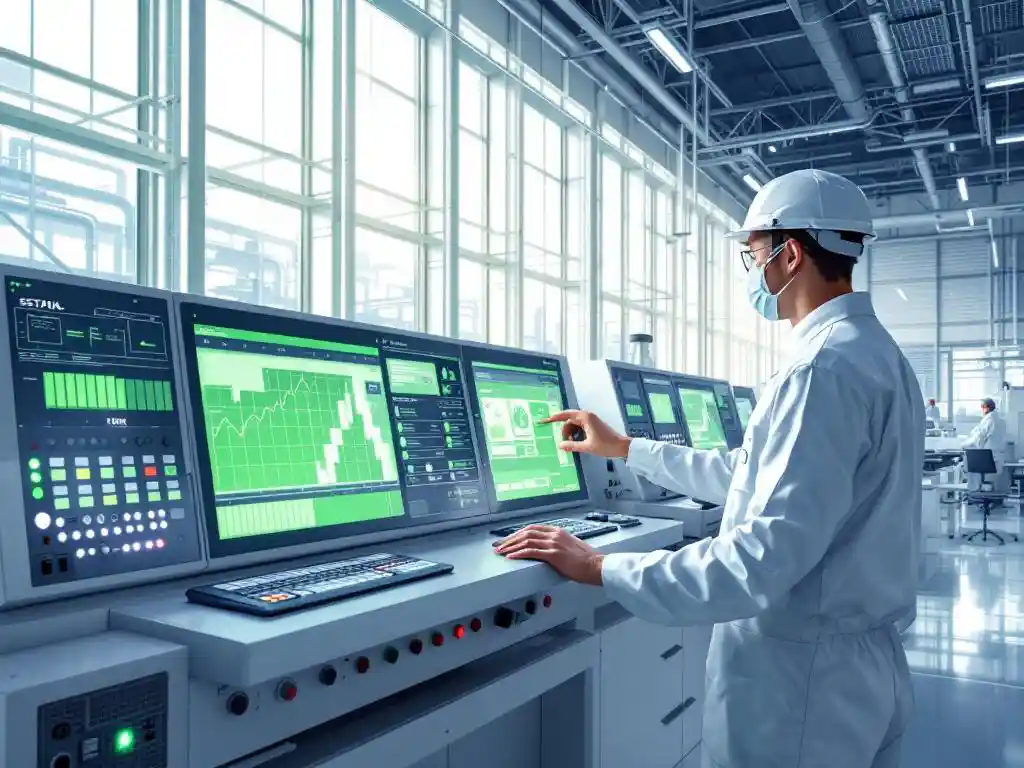 Technician adjusting control panel in modern industrial facility with green status lights and glass architecture