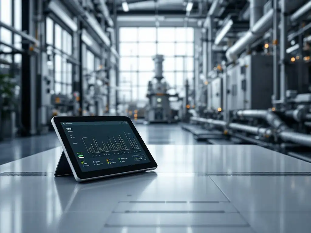 Digital monitoring tablet on control panel in modern industrial plant facility with geometric pipes and machinery