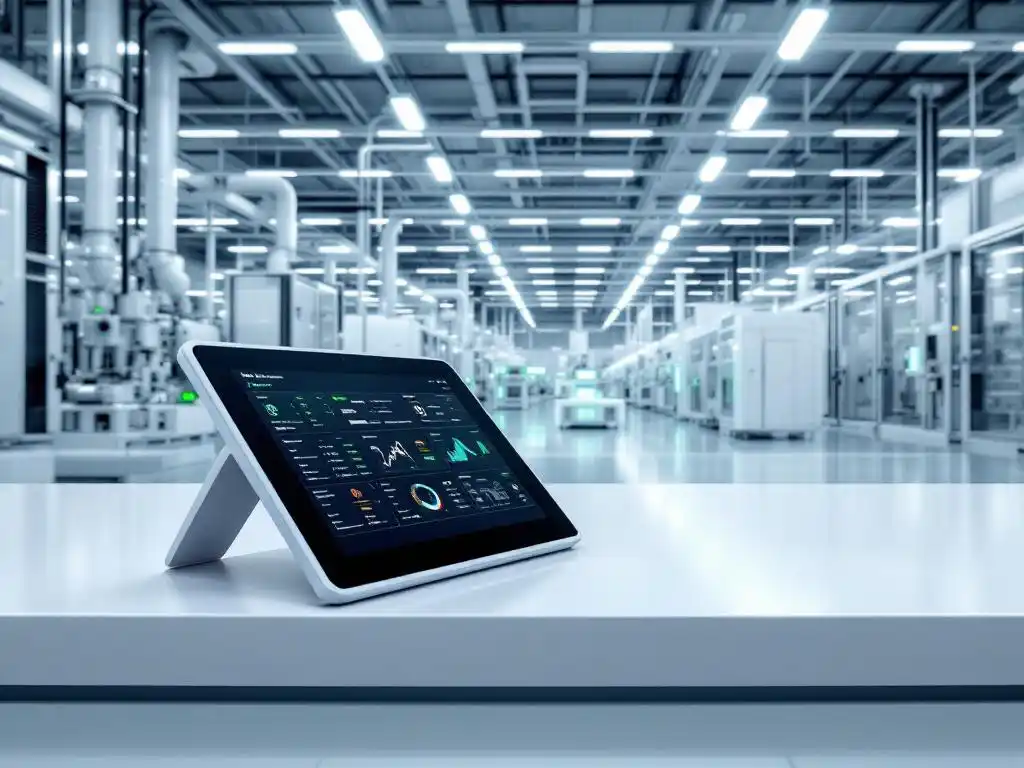 Modern monitoring tablet on white control panel in clean industrial facility with green indicator lights