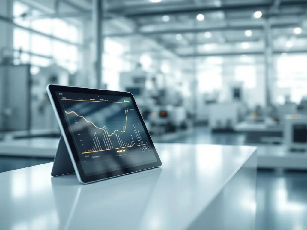 Modern monitoring tablet on white control panel in bright industrial plant facility with green indicator lights