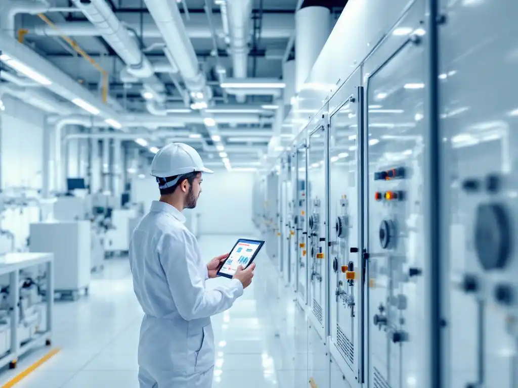 Technician reviewing system diagnostics on tablet in modern industrial facility with white pipes and machinery