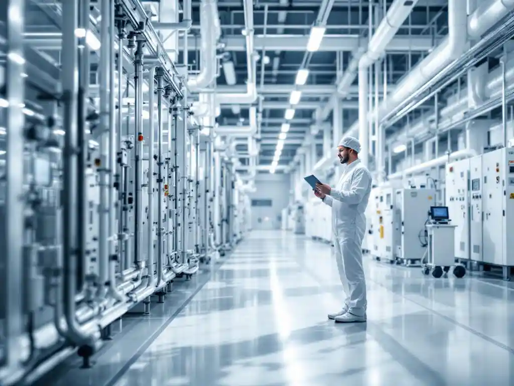 Technician with digital tablet inspecting white machinery in modern industrial plant with chrome pipes and polished floors