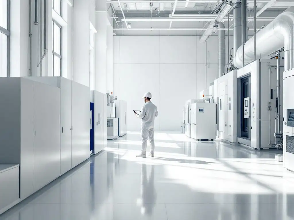 Technician examining monitoring tablet in modern industrial plant with clean architecture and natural lighting.