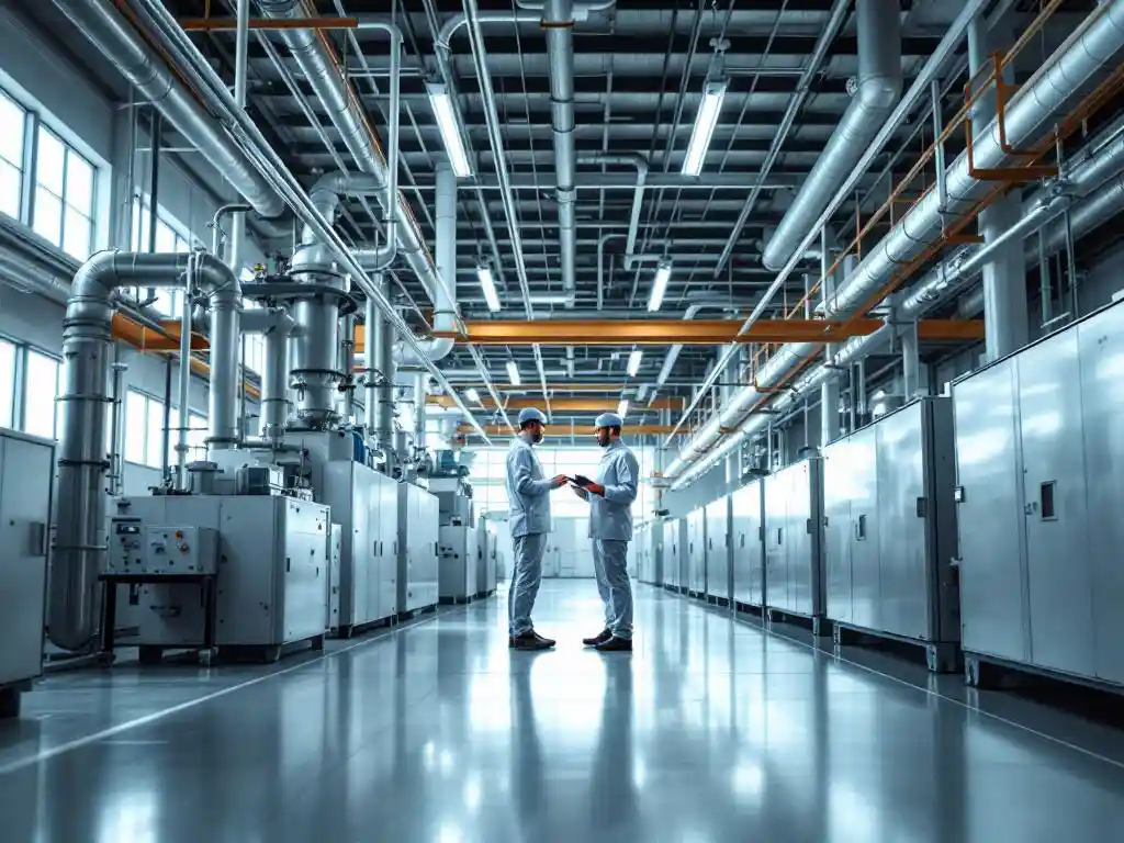 Technician examining monitoring tablet in clean industrial facility with modern equipment and organized machinery
