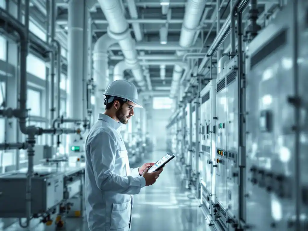 Technician reviewing digital diagnostics on tablet in modern industrial plant with white pipes and monitoring equipment.