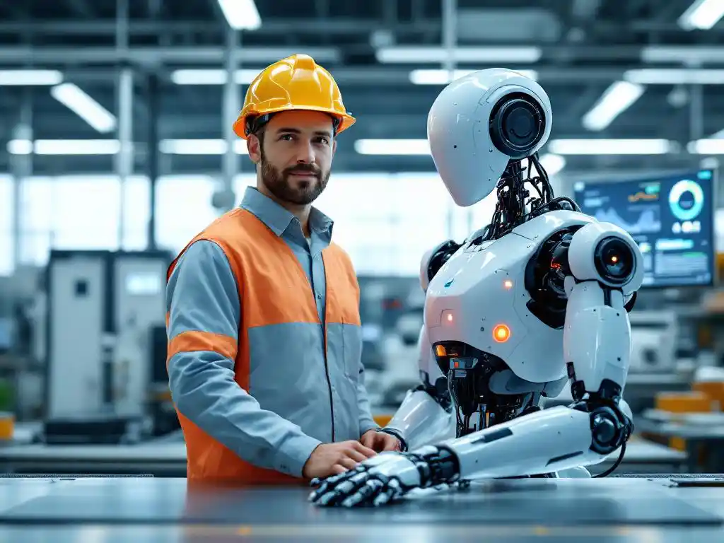 Factory worker in safety gear operates control panel beside industrial robot at workstation with monitoring screens.