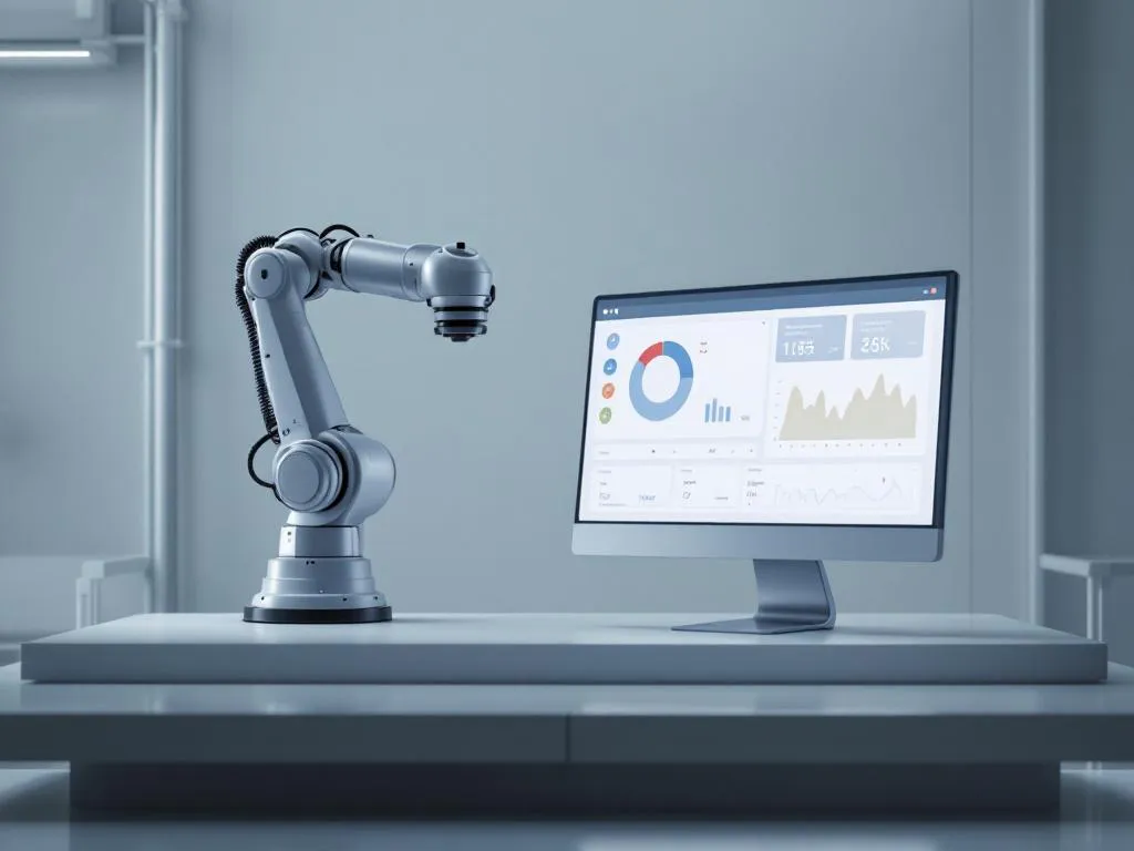 Industrial robotic arm beside modern control panel with monitoring graphs on white factory floor in minimalist setting