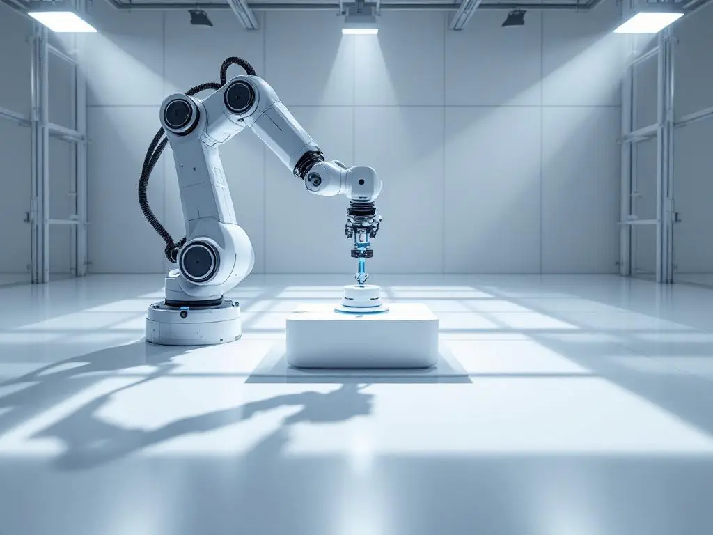 Industrial robotic arm performing precise maintenance on white manufacturing component in clean modern factory setting