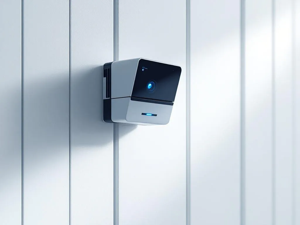 Industrial sensor mounted on white factory wall with clean geometric design and blue accents in minimalist setting
