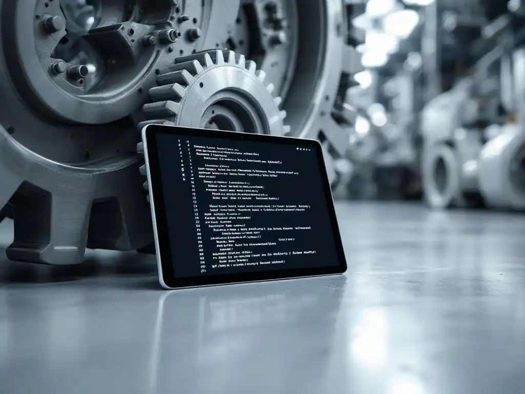 Industrial tablet with code display leaning against metallic gear in modern factory with white equipment and concrete floor