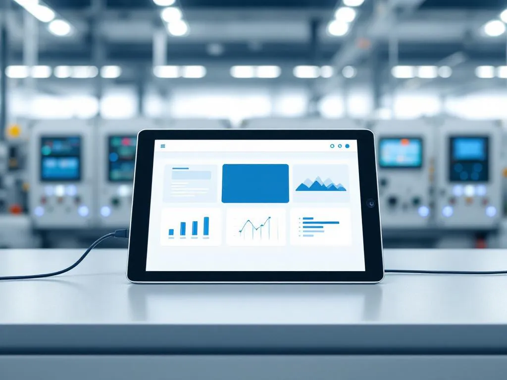 Tablet displaying software interface connected to industrial control panel with blue LED indicators in modern workspace