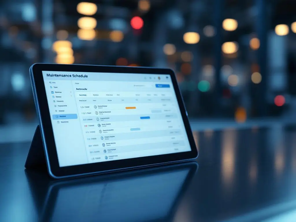 Industrial tablet displaying maintenance schedule interface on steel control panel with monitoring lights in factory setting