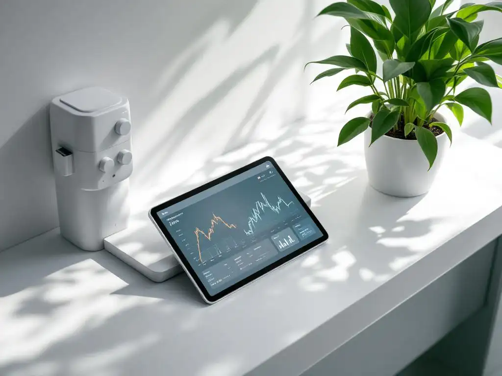 Industrial tablet displaying sensor data graphs next to plant monitoring device and green plant on white laboratory bench