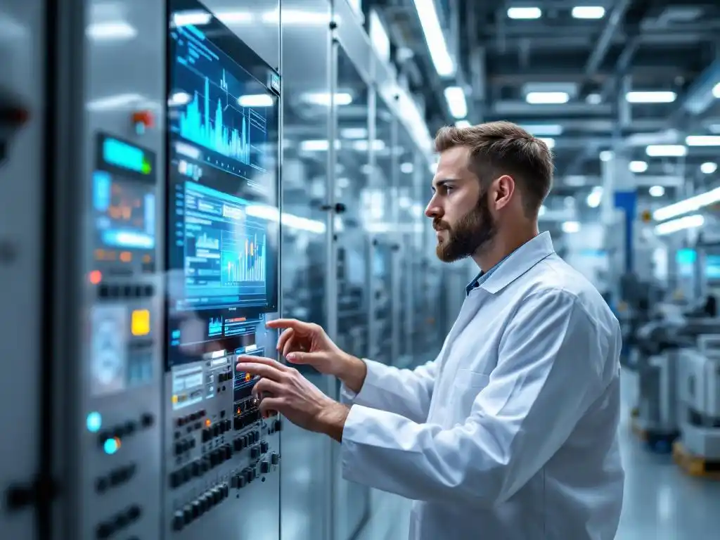Technician in lab coat examining industrial control panel with digital monitors showing system diagnostics in modern factory