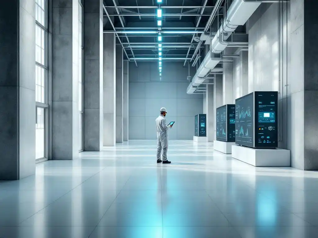 Technician examining digital tablet with system diagnostics in modern industrial plant facility with monitoring equipment
