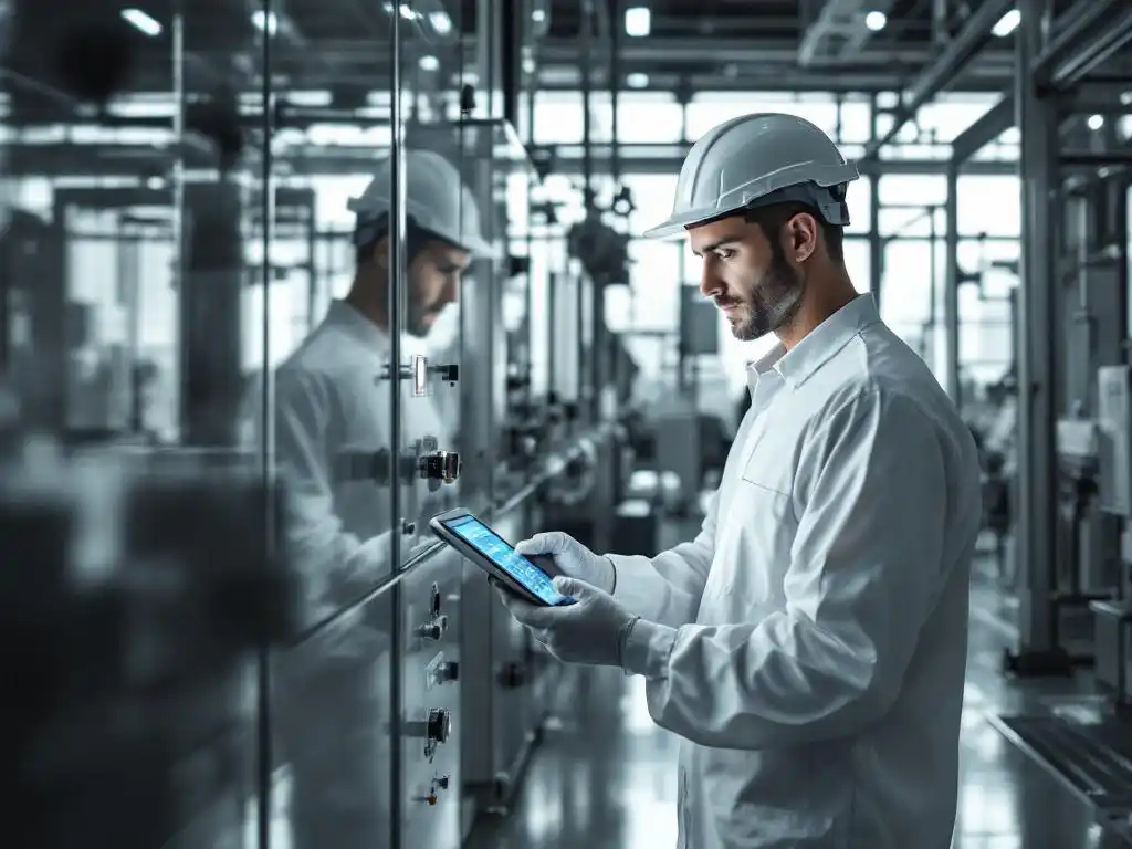 Technician examining maintenance data on tablet in modern industrial facility with polished equipment and natural lighting.