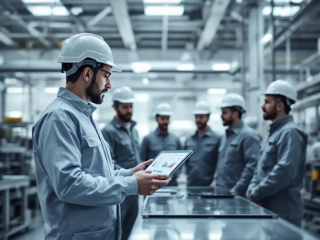 Professional trainer demonstrating equipment maintenance to industrial workers in modern factory setting with tablet on control panel.