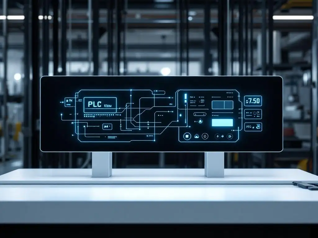 Modern PLC control panel with blue LED status indicators on white industrial workbench with organized cable management
