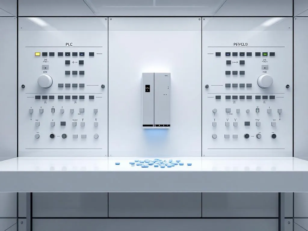 Industrial control panel with PLC unit surrounded by pharmaceutical capsules in sterile laboratory setting