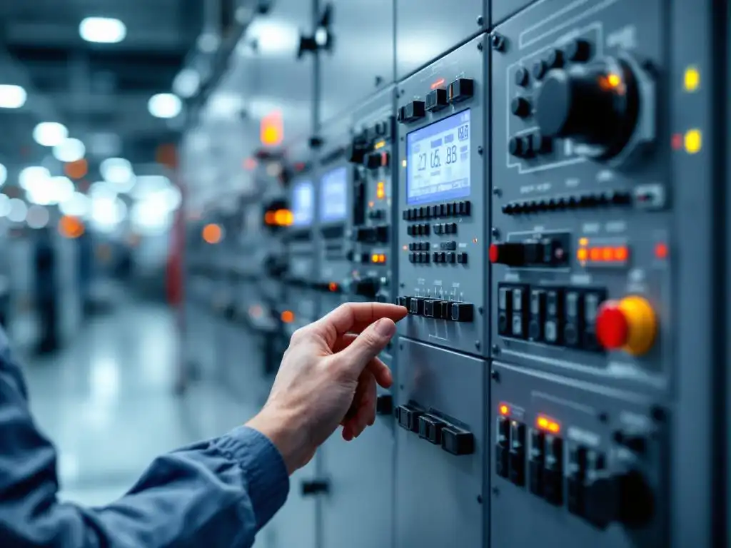 Technician adjusting settings on industrial PLC control panel with digital displays in modern factory environment