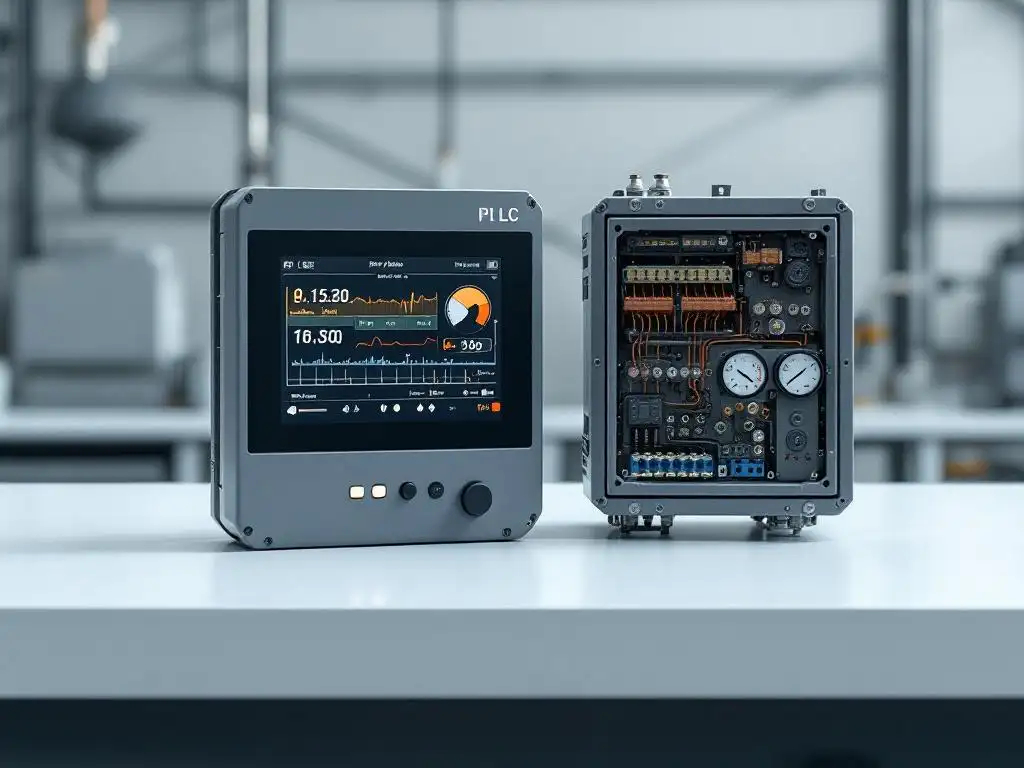Modern PLC control panel with digital interface next to vintage mechanical relay box on white industrial workbench