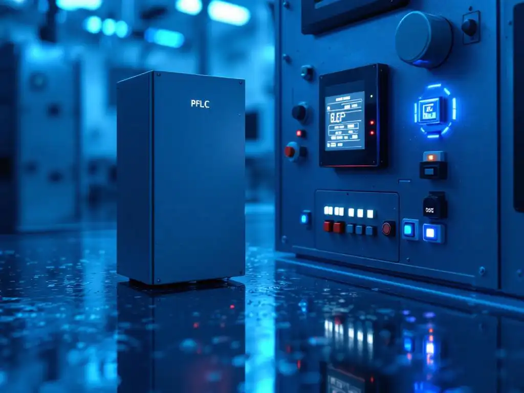 Industrial PLC control unit on water treatment panel with digital displays and blue ambient lighting in clean facility